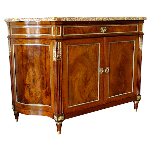 Commode à porte / buffet en acajou Directoire en demi-lune inversée - marbre Brocatelle