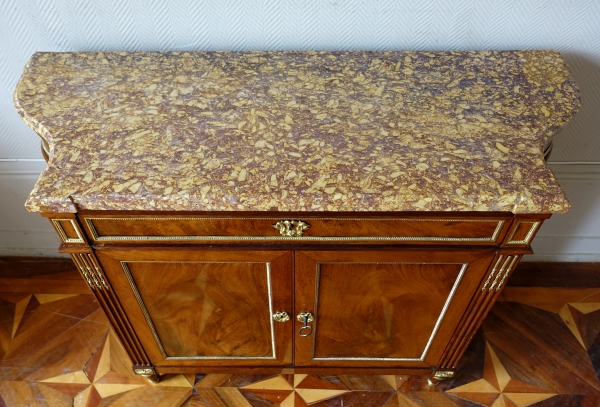 Commode à porte / buffet en acajou Directoire en demi-lune inversée - marbre Brocatelle