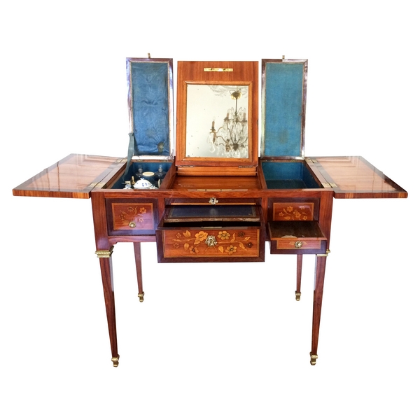 French antique dressing table, cabinetmaker Reizell stamp, Louis XVI period (18th century)