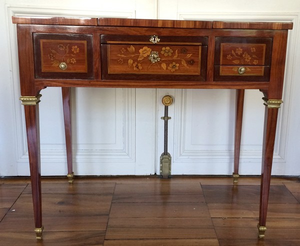 French antique dressing table, cabinetmaker Reizell stamp, Louis XVI period (18th century)