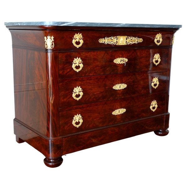 French Empire mahogany and ormolu chest of drawers / commode - blue marble