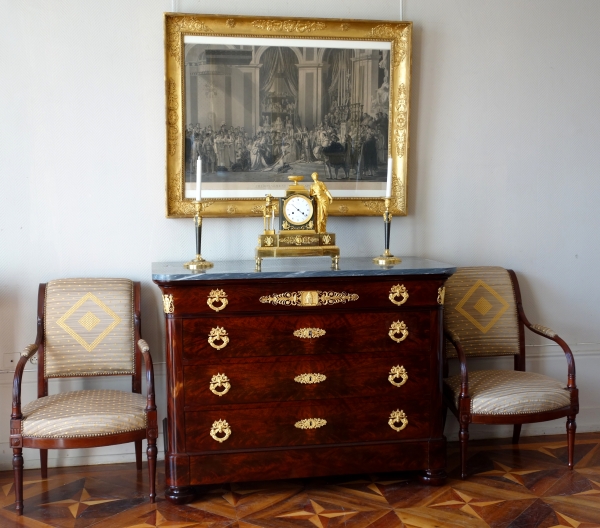 French Empire mahogany and ormolu chest of drawers / commode - blue marble