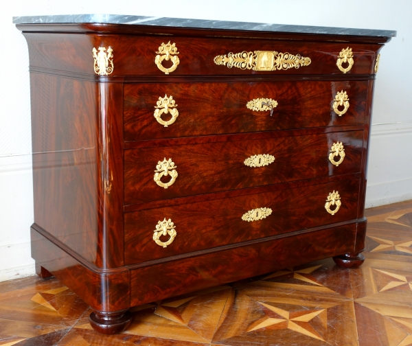 French Empire mahogany and ormolu chest of drawers / commode - blue marble