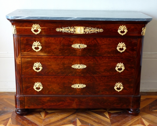 French Empire mahogany and ormolu chest of drawers / commode - blue marble