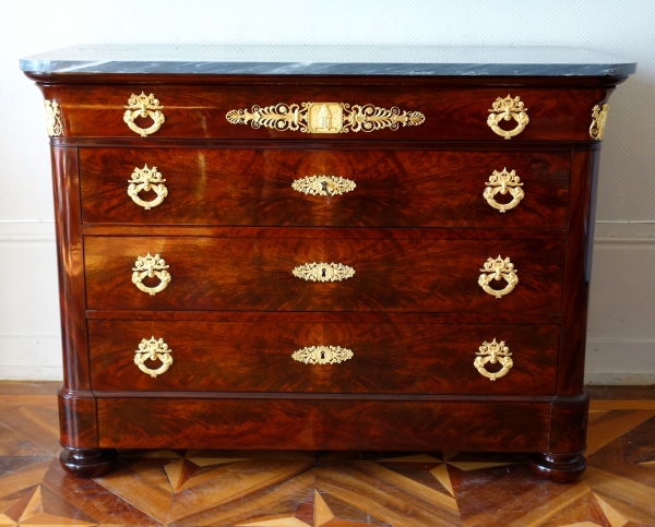 French Empire mahogany and ormolu chest of drawers / commode - blue marble