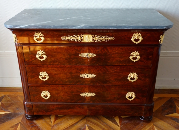 French Empire mahogany and ormolu chest of drawers / commode - blue marble