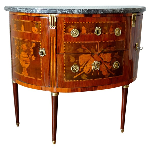 Louis XVI half-moon marquetry commode / chest of drawers, stamped - 18th century