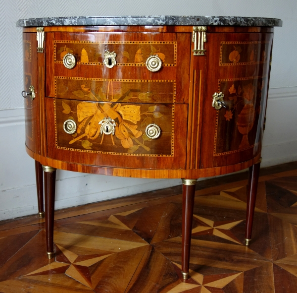 Louis XVI half-moon marquetry commode / chest of drawers, stamped - 18th century