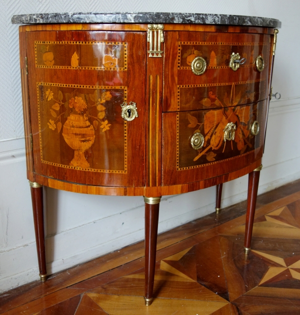 Louis XVI half-moon marquetry commode / chest of drawers, stamped - 18th century