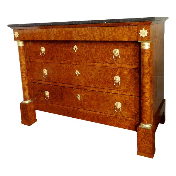 Rare burr wood Empire commode / chest of drawers, ormolu decoration