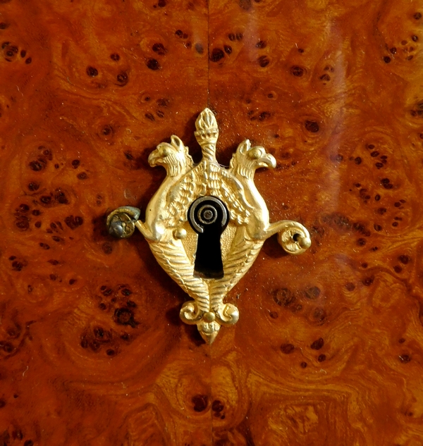 Rare burr wood Empire commode / chest of drawers, ormolu decoration