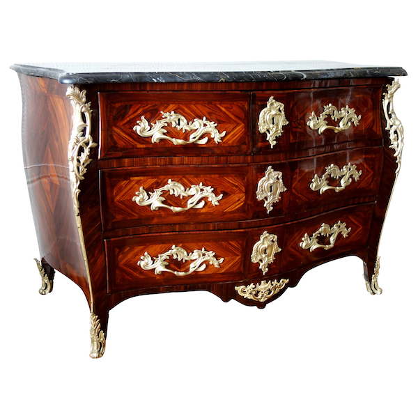 Jean Baptiste Hedouin : commode d'époque Louis XV en marqueterie et marbre Portor - estampillée