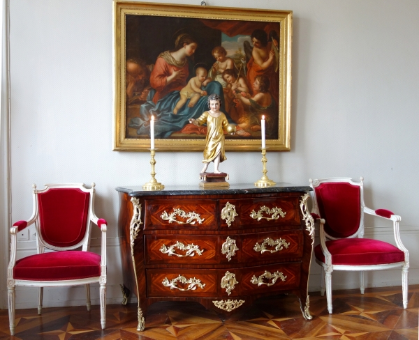 Jean Baptiste Hedouin : commode d'époque Louis XV en marqueterie et marbre Portor - estampillée