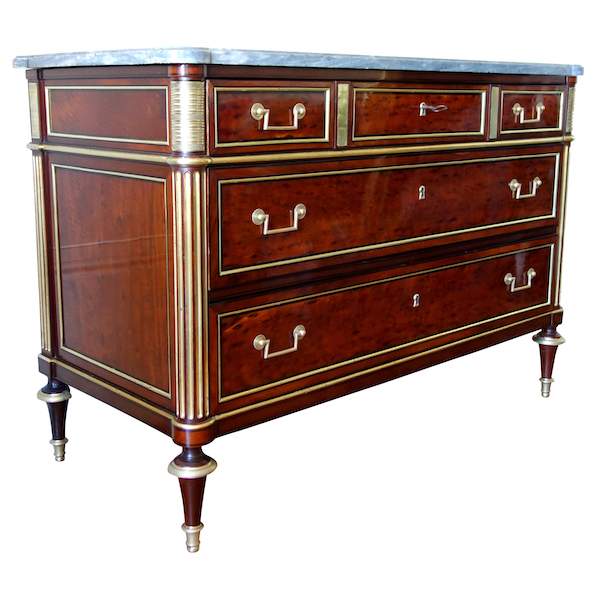 Louis XVI plum pudding mahogany chest of drawers / commode, Turquin marble, late 18th century