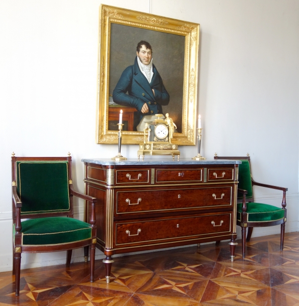 Louis XVI plum pudding mahogany chest of drawers / commode, Turquin marble, late 18th century