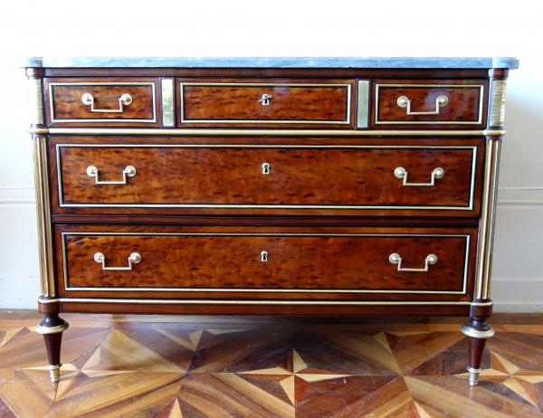 Louis XVI plum pudding mahogany chest of drawers / commode, Turquin marble, late 18th century