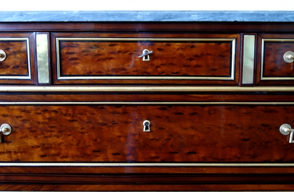 Louis XVI plum pudding mahogany chest of drawers / commode, Turquin marble, late 18th century