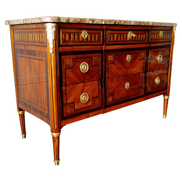 Louis XVI marquetry and ormolu commode, breche marble on top