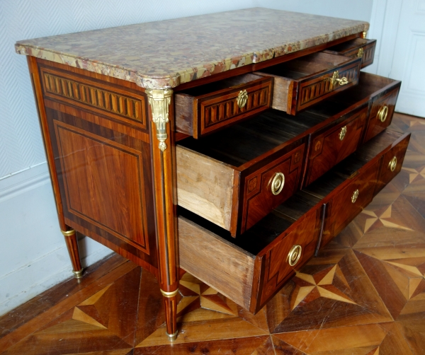 Louis XVI marquetry and ormolu commode, breche marble on top