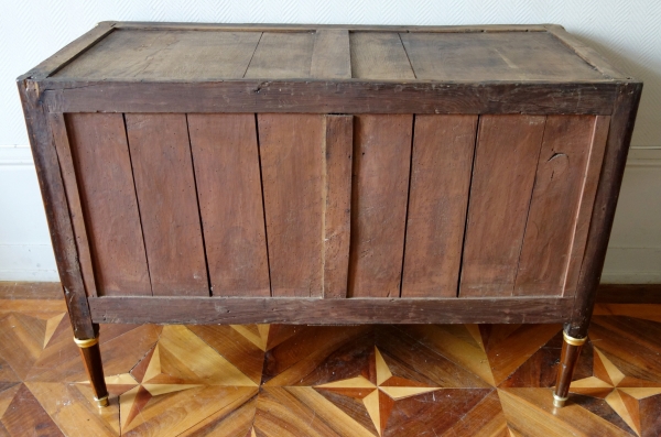 Louis XVI marquetry and ormolu commode, breche marble on top