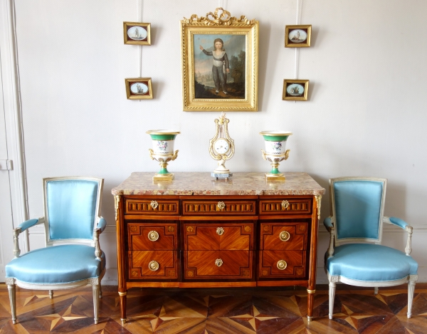 Louis XVI marquetry and ormolu commode, breche marble on top