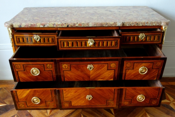 Louis XVI marquetry and ormolu commode, breche marble on top