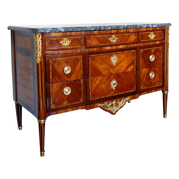 Louis XVI marquetry commode / chest of drawers stamped Guignard, 18th century