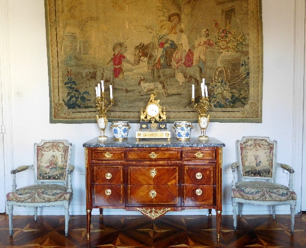 Louis XVI marquetry commode / chest of drawers stamped Guignard, 18th century