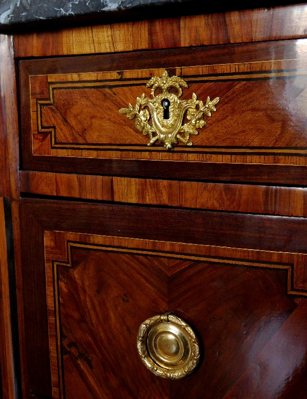 Louis XVI marquetry commode / chest of drawers stamped Guignard, 18th century