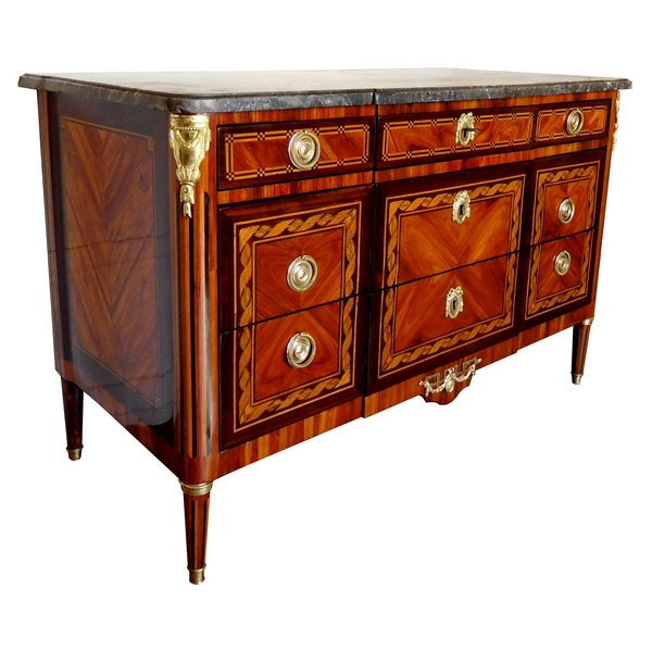 Louis XVI marquetry commode / chest of drawers stamped Reizell, 18th century