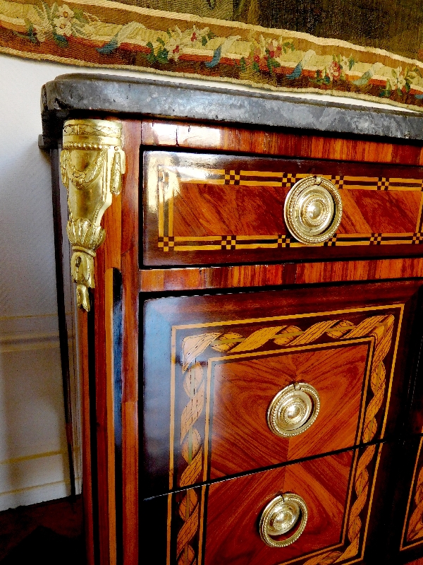 Louis XVI marquetry commode / chest of drawers stamped Reizell, 18th century