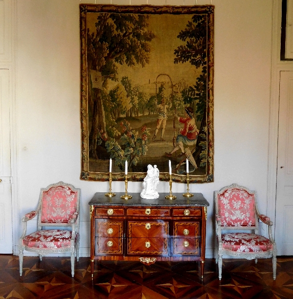 Louis XVI marquetry commode / chest of drawers stamped Reizell, 18th century