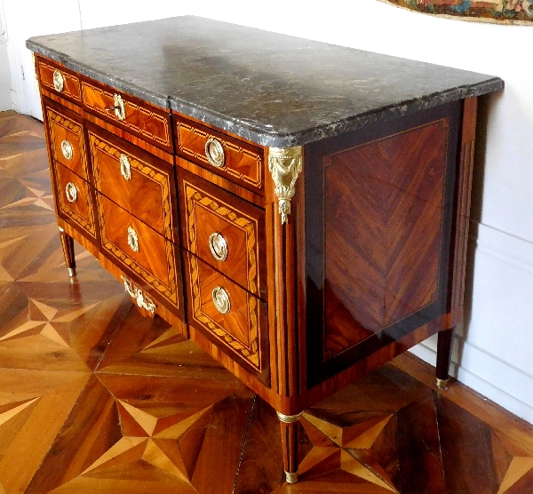 Louis XVI marquetry commode / chest of drawers stamped Reizell, 18th century