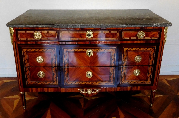 Louis XVI marquetry commode / chest of drawers stamped Reizell, 18th century