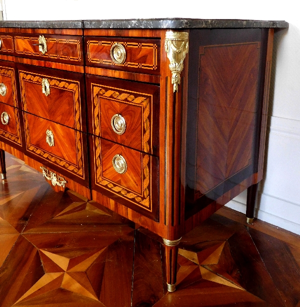 Louis XVI marquetry commode / chest of drawers stamped Reizell, 18th century