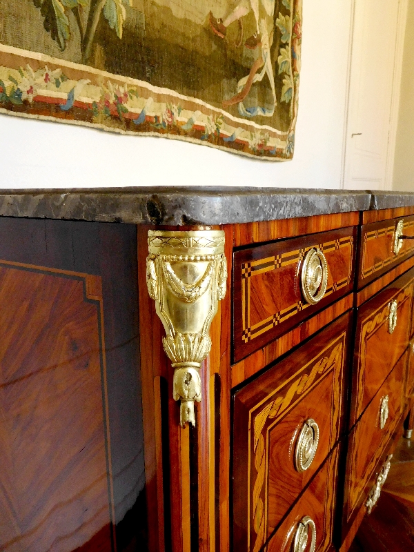 Louis XVI marquetry commode / chest of drawers stamped Reizell, 18th century