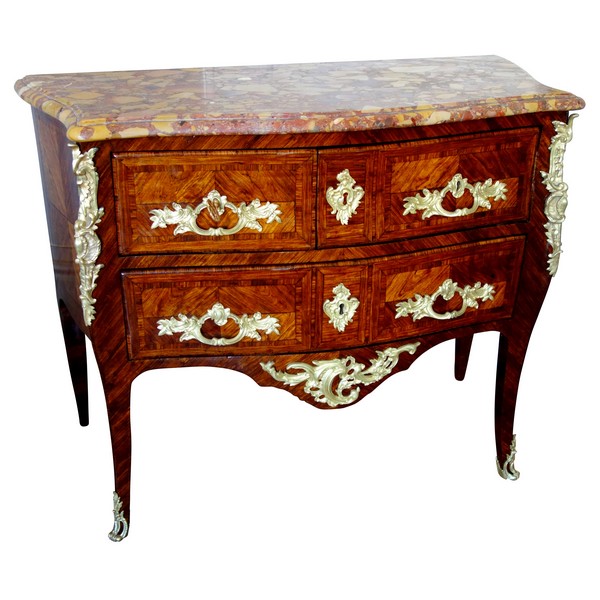 Commode sauteuse d’entre deux d'époque Louis XV en bois de violette, marbre brèche d'Alep