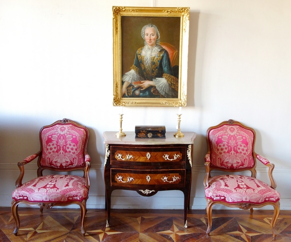 LC Birclet : Louis XV marquetry commode / chest of drawers, 18th century - stamped