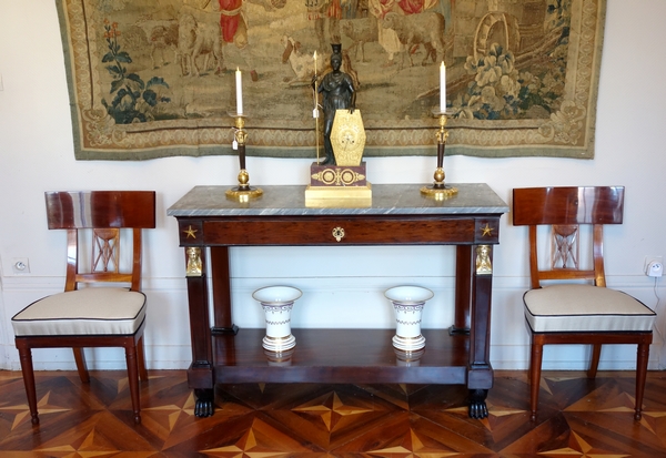 Console Consulat à pieds griffes Retour d'Egypte - acajou, bronze doré, marbre bleu Turquin