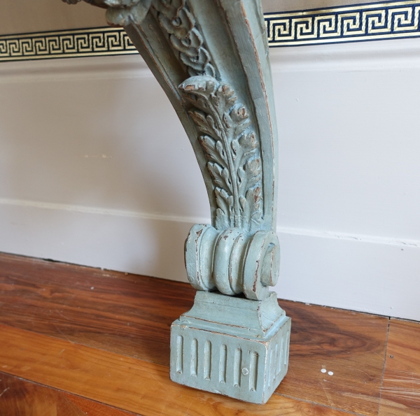 Louis XVI half-moon-shaped console in the taste of Jacob, patinated wood, 18th century