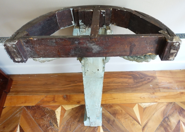 Louis XVI half-moon-shaped console in the taste of Jacob, patinated wood, 18th century