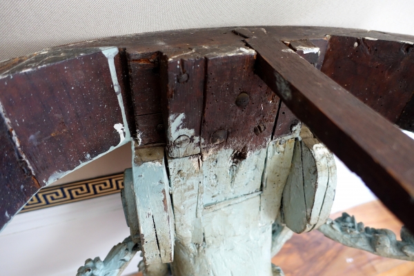 Louis XVI half-moon-shaped console in the taste of Jacob, patinated wood, 18th century