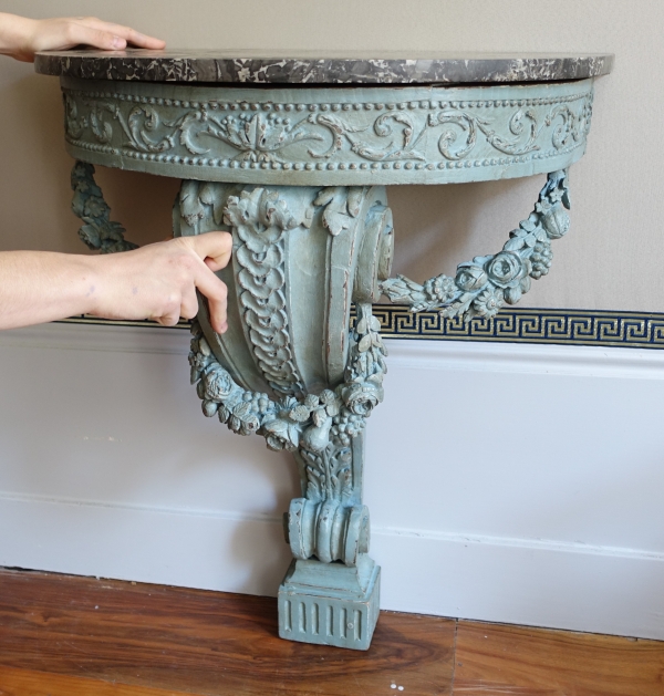 Louis XVI half-moon-shaped console in the taste of Jacob, patinated wood, 18th century