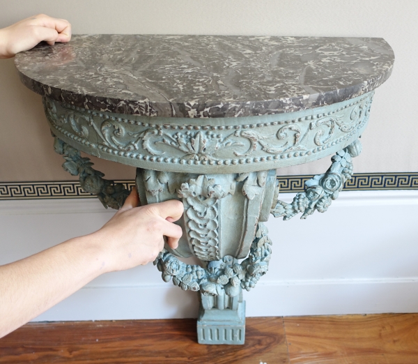 Louis XVI half-moon-shaped console in the taste of Jacob, patinated wood, 18th century