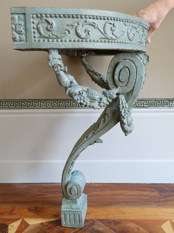Louis XVI half-moon-shaped console in the taste of Jacob, patinated wood, 18th century