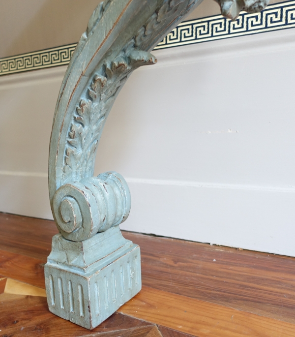 Louis XVI half-moon-shaped console in the taste of Jacob, patinated wood, 18th century