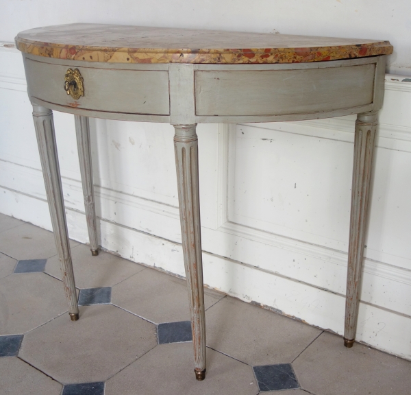 Louis XVI half-moon-shaped console, patinated wood, breche marble on top, 18th century