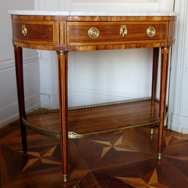 Console demi-lune d'époque Louis XVI en marqueterie, XVIIIe siècle vers 1780