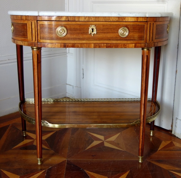 Console demi-lune d'époque Louis XVI en marqueterie, XVIIIe siècle vers 1780