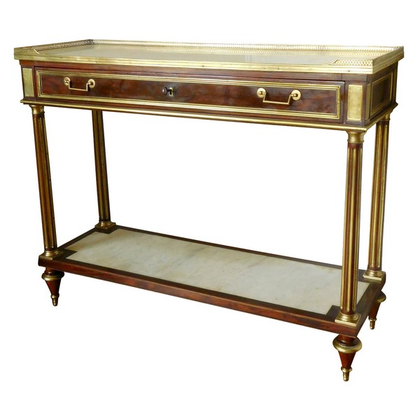 Console desserte d'époque Louis XVI Directoire en acajou, filets d'ébène et laiton, fin XVIIIe siècle